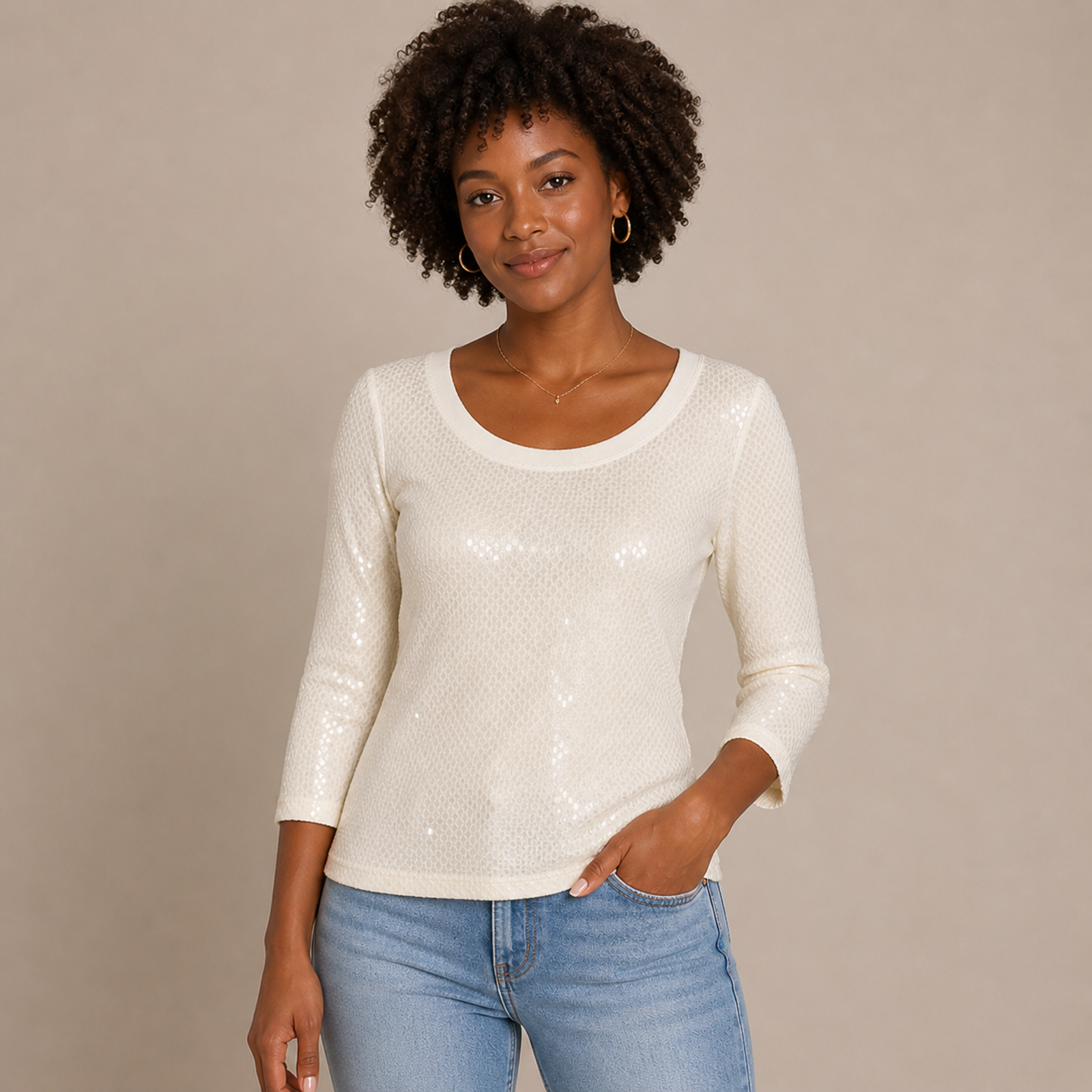 St. John Caviar Cream Embellished Top 3/4 Sleeve Stretch Knit Size S